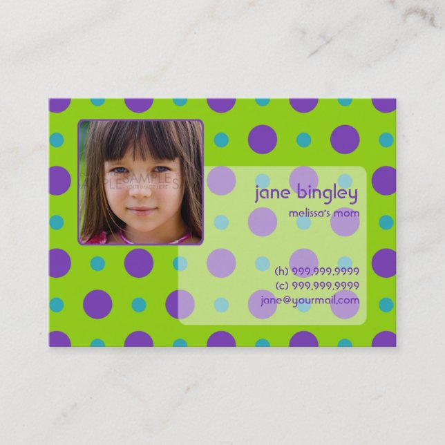 "Retro Dots" Green & Purple Mommy Business Card (Front)