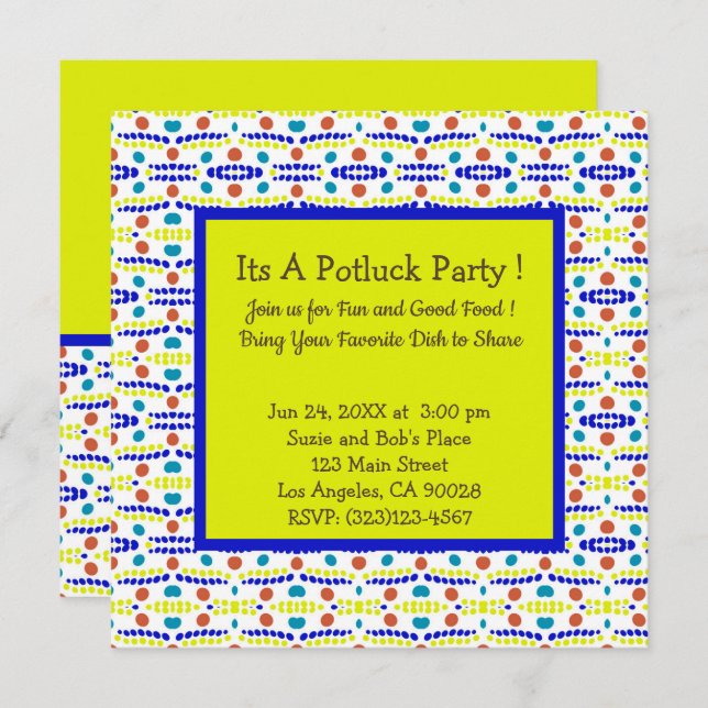 Retro Dots Pattern Blue Yellow Brown Teal Potluck Invitation (Front/Back)