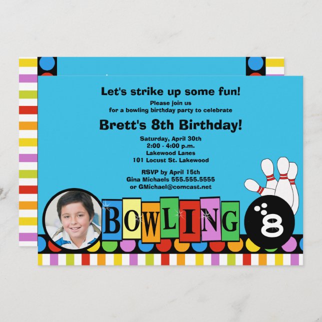 Retro Dots & Stripes Birthday Bowling Party Invite (Front/Back)