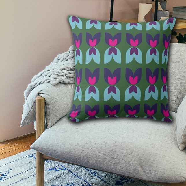 Retro Double Tulip Green & Navy Throw Pillow (Creator Uploaded)