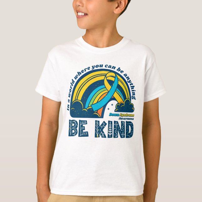 Retro Down Syndrome Rainbow Be Kind T-Shirt (Front)