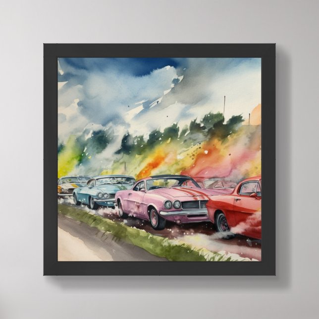 Retro Drag Racing Watercolor Framed Art (Framed Front)