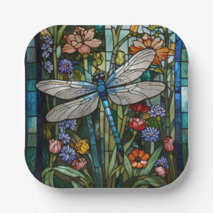Retro Dragonfly boho floral botanical stain glass Paper Plates