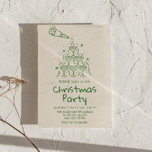 Retro Drawn Green Champagne Tower Christmas Party Invitation