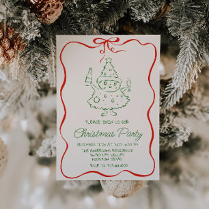 Retro Drawn Green Red Christmas Fun Tree Party Invitation