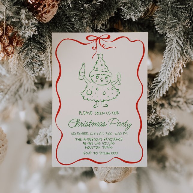Retro Drawn Green Red Christmas Fun Tree Party Invitation (Creator Uploaded)