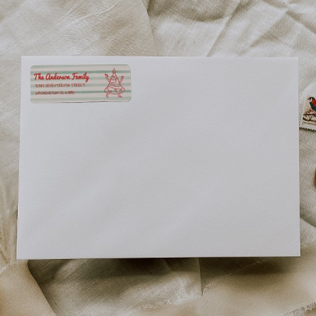 Retro Drawn Green Red Funny Christmas Tree Address Label (Creator Uploaded)