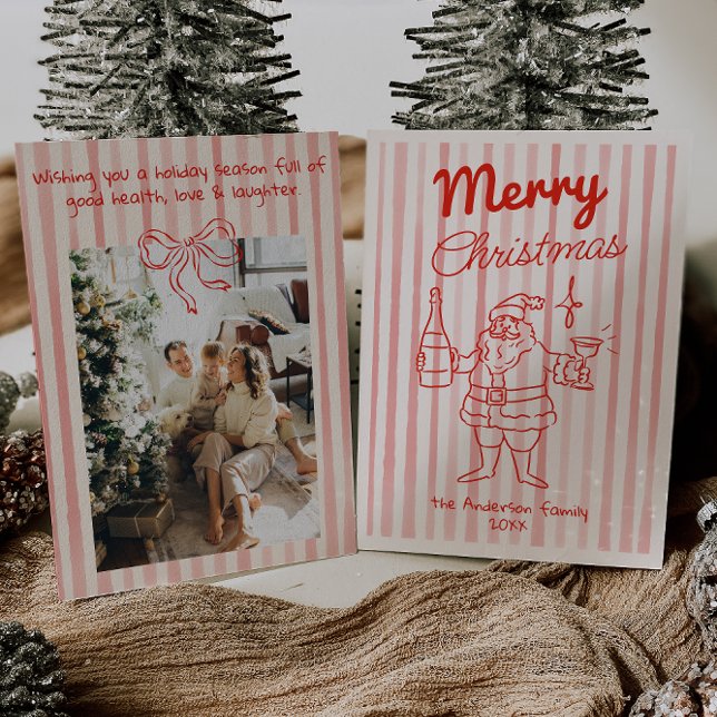 Retro Drawn Red Festive Santa Champagne Christmas Holiday Card (Creator Uploaded)