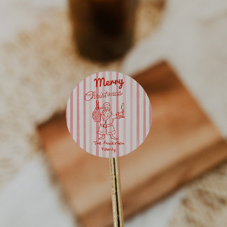 Retro Drawn Red Stripes Santa Claus Christmas Classic Round Sticker