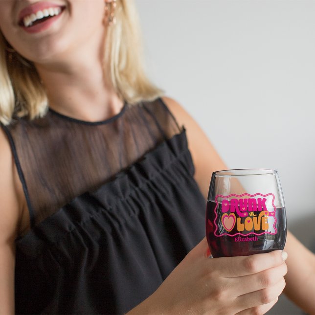 Retro Drunk in Love Bachelorette Party Stemless Wine Glass (Creator Uploaded)