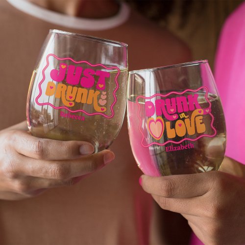 Retro Drunk in Love Bachelorette Weekend Stemless Wine Glass