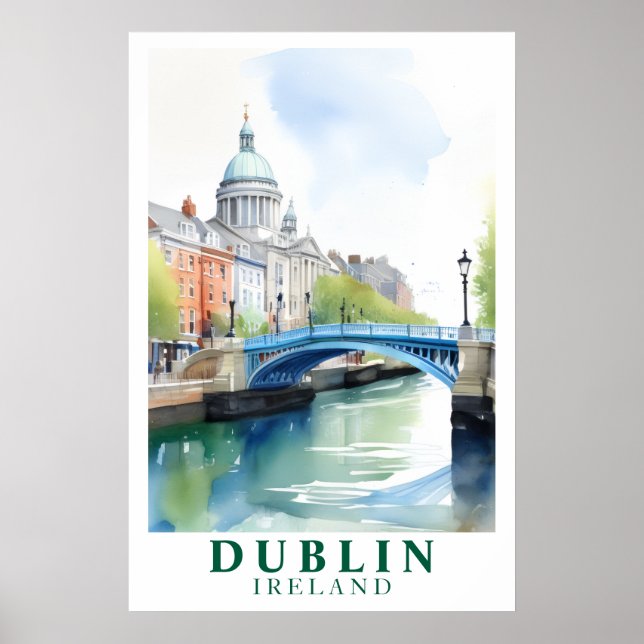Retro Dublin Ireland Bridge Watercolor Art Poster (Front)