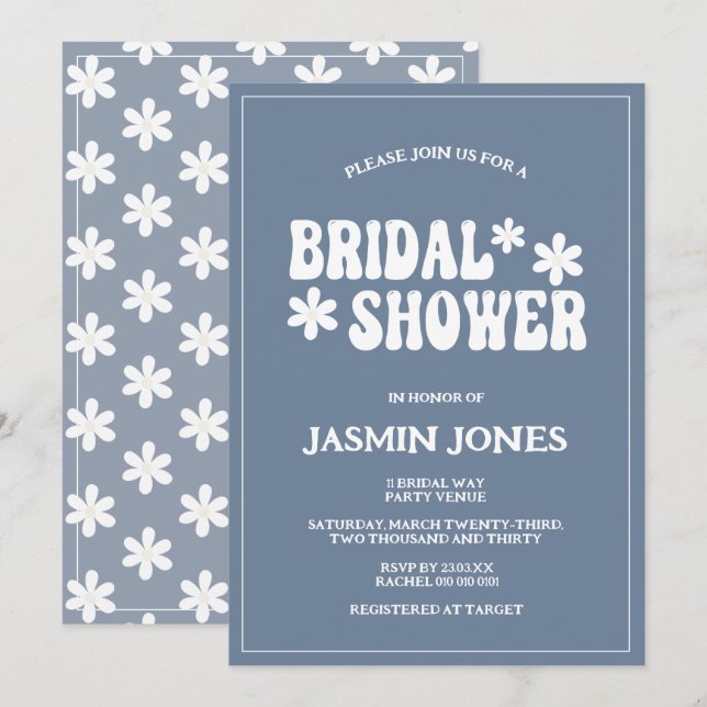 Retro Dusty Blue Daisy Flower Bridal Shower  Invitation (Front/Back)