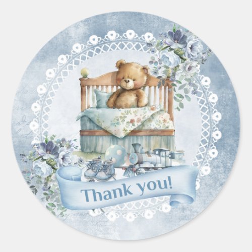 Retro dusty blue flowers teddy bear boy birthday classic round sticker