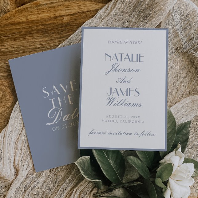 Retro Dusty Blue Old Money Classy Classic Wedding Save The Date (Creator Uploaded)