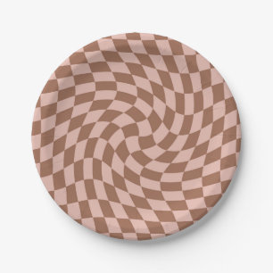 Retro Dusty Brown Pink Checks Warped Checkerboard Paper Plates
