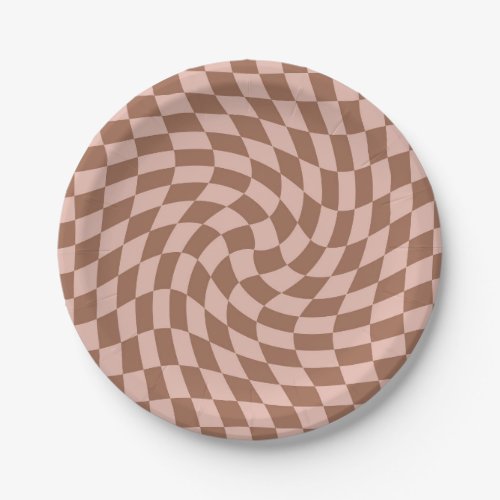 Retro Dusty Brown Pink Checks Warped Checkerboard  Paper Plates