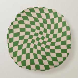 Retro Dusty Green Checks Warped Checkered Round Pillow