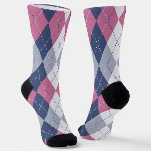 Retro Dusty Pink Slate Blue Navy Preppy Argyle Socks