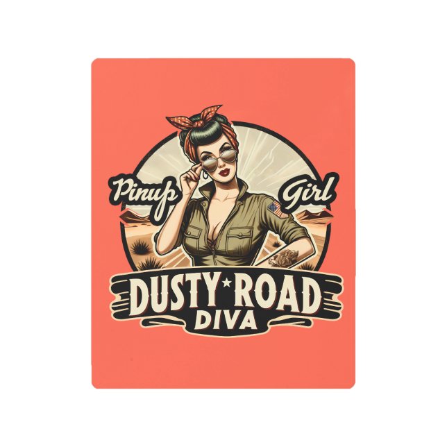 Retro Dusty Road Diva Pin-up Metal Print (Front)