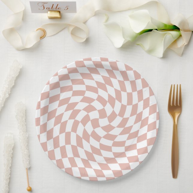 Retro Dusty Rose Sand Pink Checks Checkered     Paper Plates (Wedding)