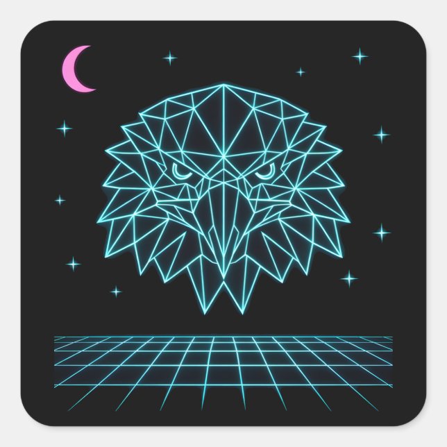 Retro Eagle Synthwave - Neon Flying Predator Square Sticker (Front)