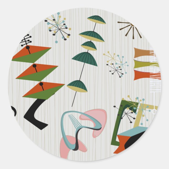 Retro Eames-Era Atomic Inspired Classic Round Sticker (Front)