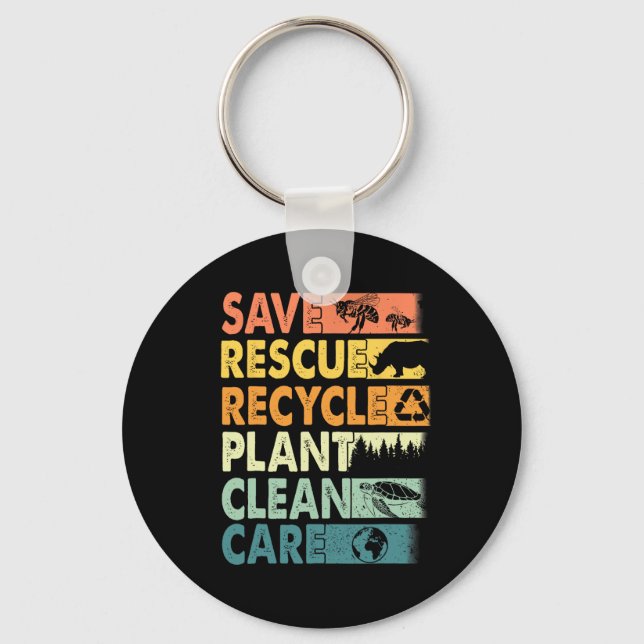Retro Earth Day Save Bees Rescue Animals Recycle P Keychain (Front)
