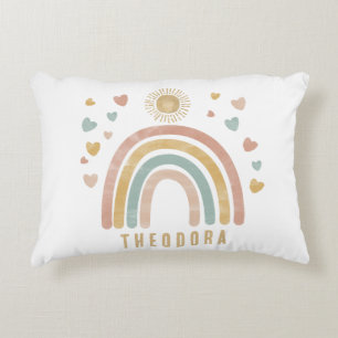 Retro Earthy Colors Watercolor Rainbow and Sun Accent Pillow