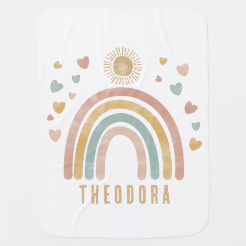 Retro Earthy Colors Watercolor Rainbow and Sun Baby Blanket