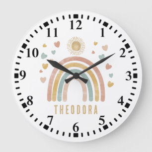 Retro Earthy Colors Watercolor Rainbow and Sun Large Clock