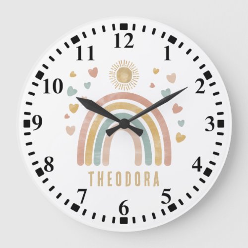 Retro Earthy Colors Watercolor Rainbow and Sun Large Clock