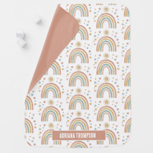 Retro Earthy Colors Watercolor Rainbow Sun Name Baby Blanket