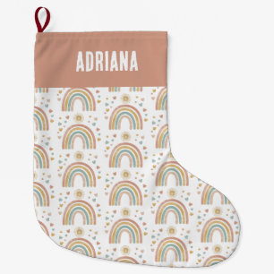 Retro Earthy Colors Watercolor Rainbow Sun Name  Large Christmas Stocking