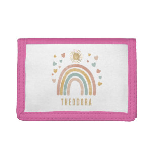 Retro Earthy Colors Watercolor Rainbow & Sun Name Trifold Wallet