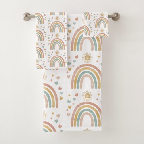 Retro Earthy Colors Watercolor Rainbow Sun Pattern Bath Towel Set