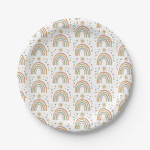 Retro Earthy Colors Watercolor Rainbow Sun Pattern Paper Plates
