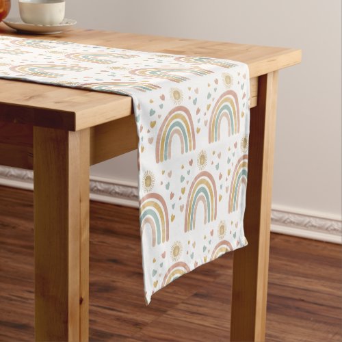 Retro Earthy Colors Watercolor Rainbow Sun Pattern Short Table Runner