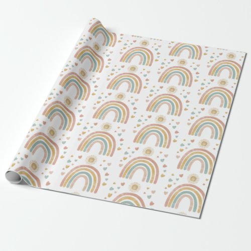 Retro Earthy Colors Watercolor Rainbow Sun Pattern Wrapping Paper