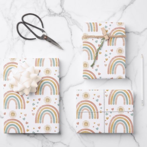 Retro Earthy Colors Watercolor Rainbow Sun Pattern Wrapping Paper Sheets