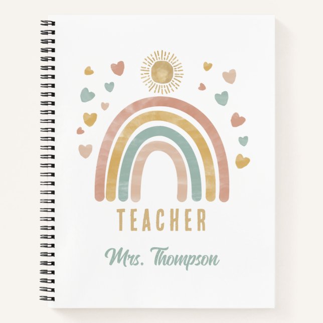 Retro Earthy Colors Watercolor Rainbow Sun Teacher Notebook (Front)
