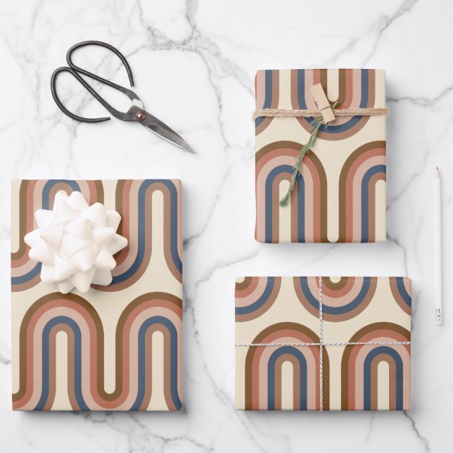 Retro Earthy Wavy Lines in Brown  Wrapping Paper Sheets (Front)