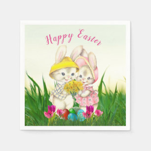 Retro Easter Bunnies with Spring Flowers / Party Napkins