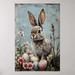 Retro Easter Rabbit Bunny Flower Print, Rustic Poster