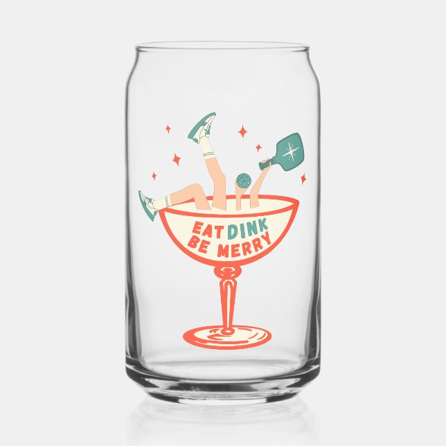 Retro Eat, Dink and Be Merry Pickleball Christmas Can Glass (Front)
