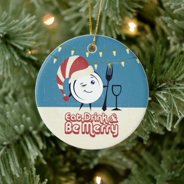 Retro eat drink be merry dinner plate Christmas Ceramic Ornament (Tree)