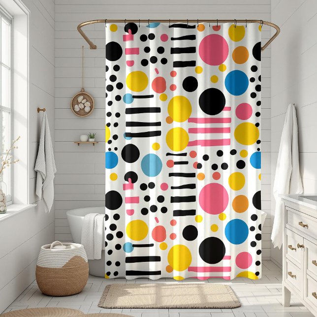 Retro Eclectic Colorful Dots and Lines Shower Curtain (Retro Eclectic Colorful Dots and Lines Shower Curtain on a white boho bathroom.)