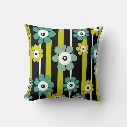 Retro Eclectic Green Flower and Lines Throw Pillow