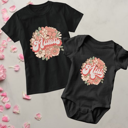 Retro Editable Colors Mama with Flowers Matching T_Shirt