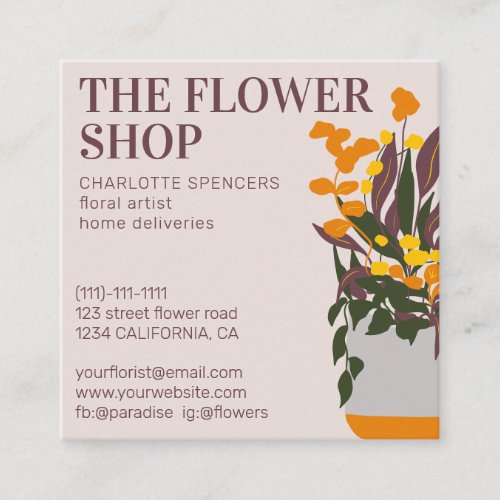 Retro editable floral illustration blush square square business card